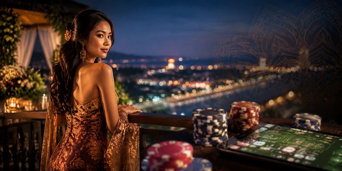 Pengguna menikmati taruhan casino dan olahraga di tepi pantai dengan ponsel di tangan