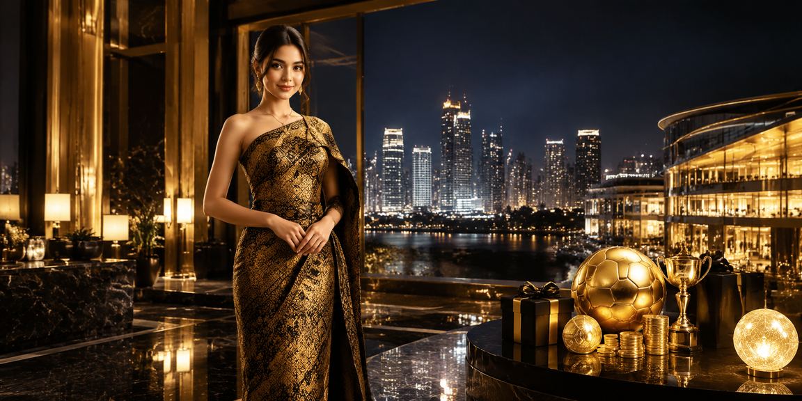 Model Vietnam berpose di area taruhan olahraga dengan suasana modern
